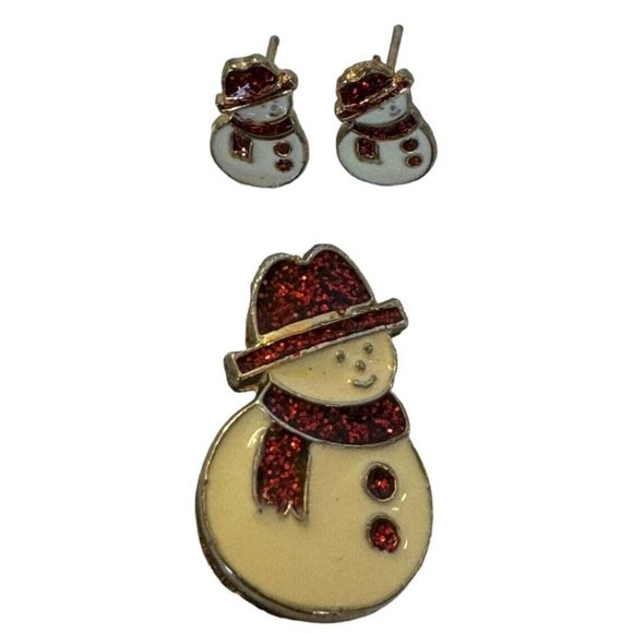 Unbranded Jewelry - Christmas Snowman Earrings and Brooch Pin Set Red Sparkle Glitter Scarf Holidays